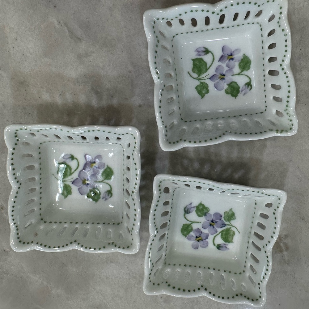 Hand-Painted Violets Porcelain Trinket Dishes - Set of 3
